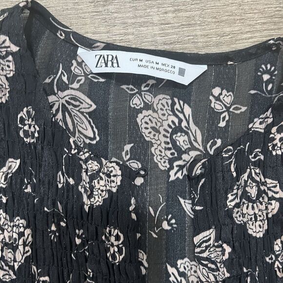 Zara Floral Print Knee Length Sheer Fabric Minidress With Long Sleeve Med ... - Picture 3 of 8
